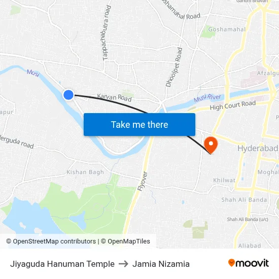 Jiyaguda Hanuman Temple to Jamia Nizamia map