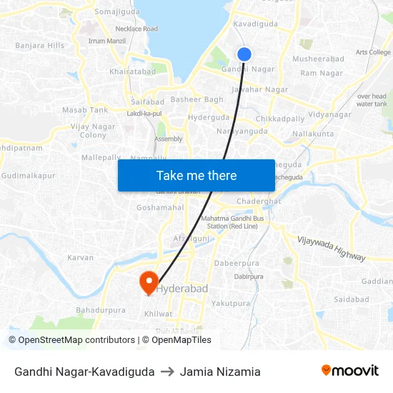 Gandhi Nagar-Kavadiguda to Jamia Nizamia map