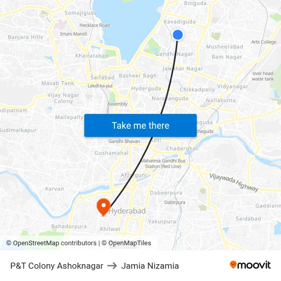 P&T Colony Ashoknagar to Jamia Nizamia map