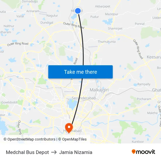 Medchal Bus Depot to Jamia Nizamia map