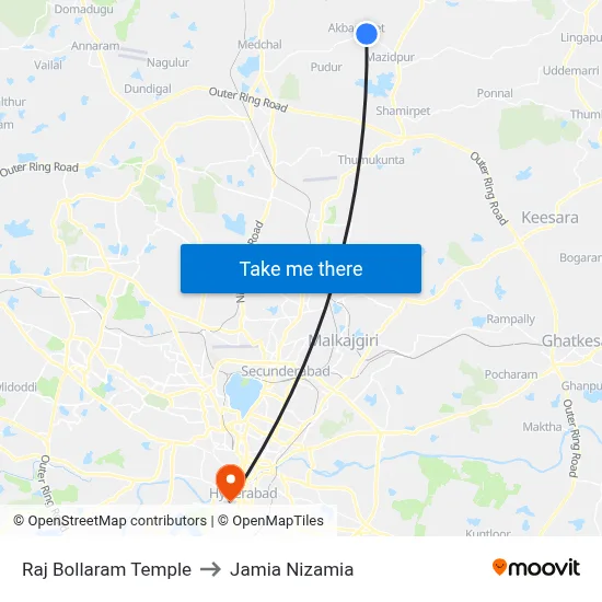 Rajbollaram Temple Twd Medchal to Jamia Nizamia map