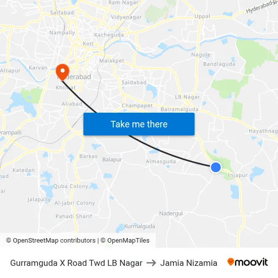 Gurramguda X Road Twd LB Nagar to Jamia Nizamia map
