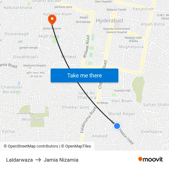 Laldarwaza Temple Twd Huppuguda to Jamia Nizamia map