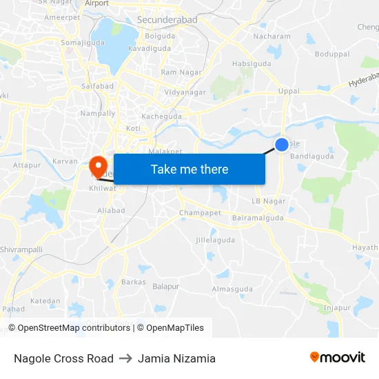 Nagole Cross Road to Jamia Nizamia map