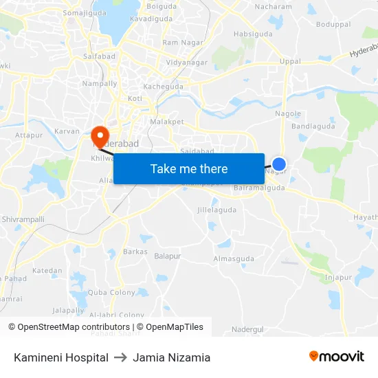 Kamineni Hospital to Jamia Nizamia map