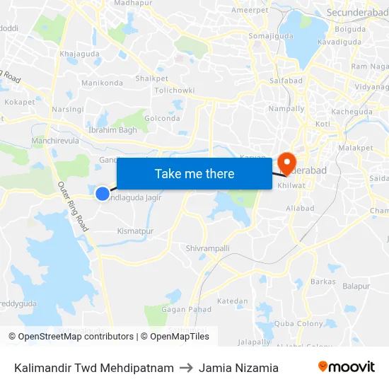 Kalimandir Twd Mehdipatnam to Jamia Nizamia map