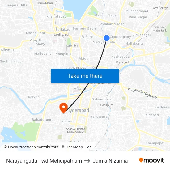 Narayanguda Twd Mehdipatnam to Jamia Nizamia map
