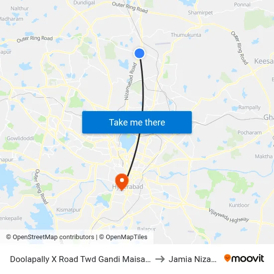 Doolapally X Road Twd Gandi Maisamma to Jamia Nizamia map