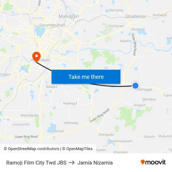Ramoji Film City Twd JBS to Jamia Nizamia map