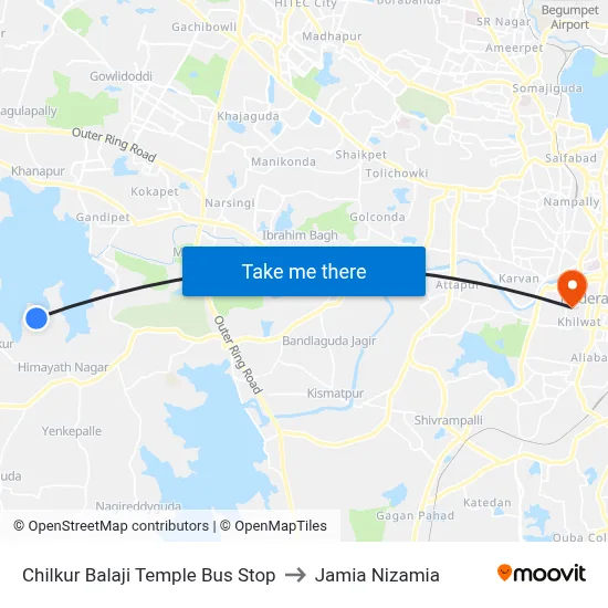 Chilkur Balaji Temple Bus Stop to Jamia Nizamia map