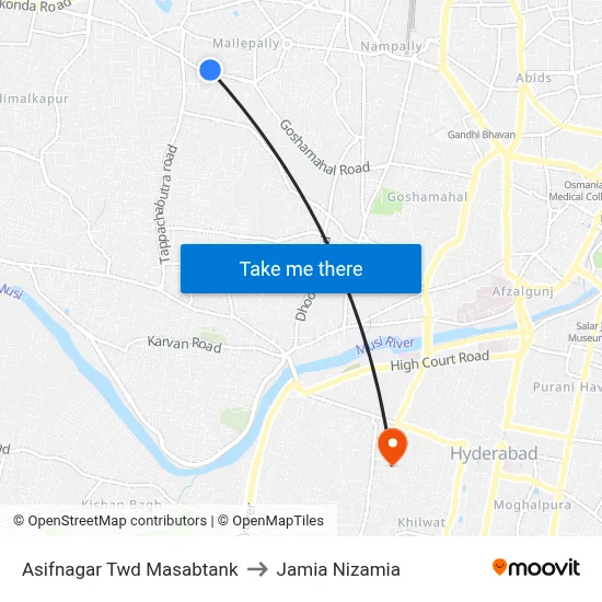Asifnagar Twd Masabtank to Jamia Nizamia map