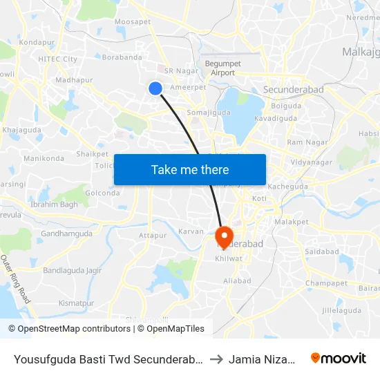 Yousufguda Basti  Twd Secunderabad to Jamia Nizamia map