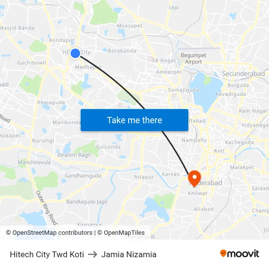 Hitech City Twd Koti to Jamia Nizamia map