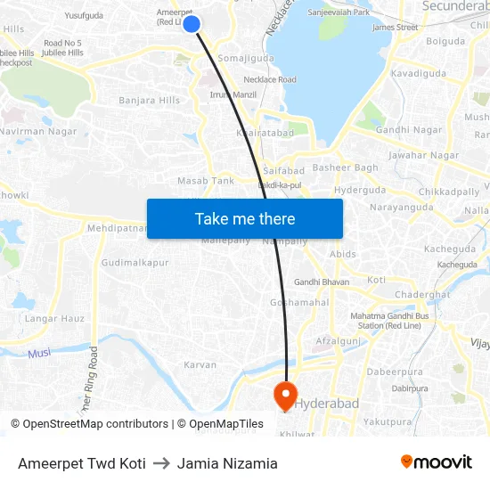 Ameerpet Twd Koti to Jamia Nizamia map