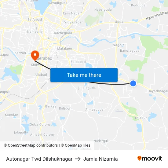 Autonagar Twd Dilshuknagar to Jamia Nizamia map
