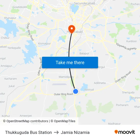 Thukkuguda Bus Station to Jamia Nizamia map