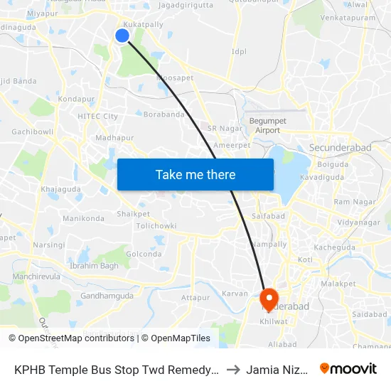 KPHB Temple Bus Stop Twd Remedy Hospital to Jamia Nizamia map