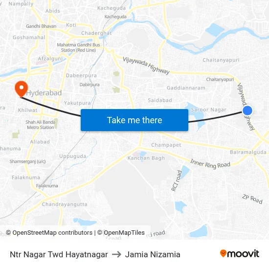 Ntr Nagar Twd Hayatnagar to Jamia Nizamia map