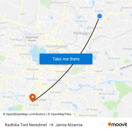 Radhika Twd Neredmet to Jamia Nizamia map