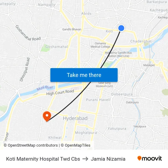 Koti Maternity Hospital Twd Cbs to Jamia Nizamia map