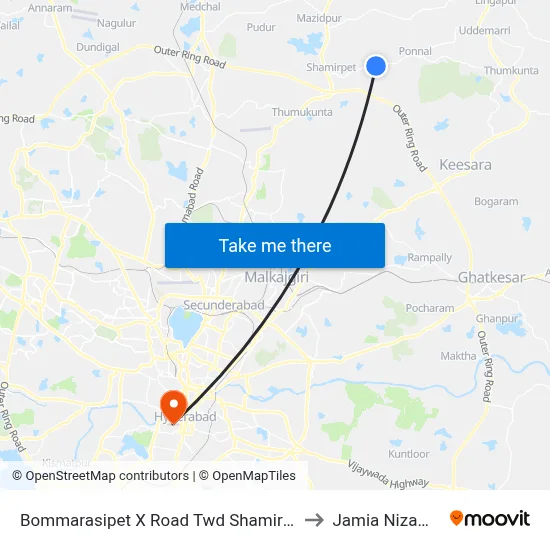 Bommarasipet X Road Twd Shamirpet to Jamia Nizamia map