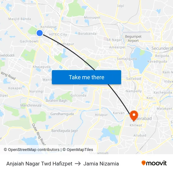Anjaiah Nagar Twd Hafizpet to Jamia Nizamia map