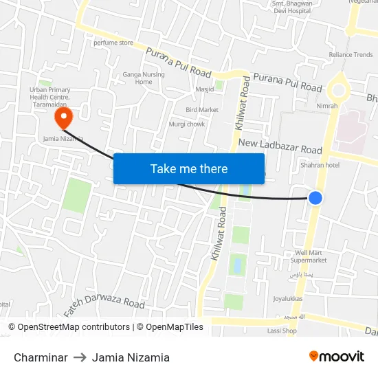 Charminar to Jamia Nizamia map