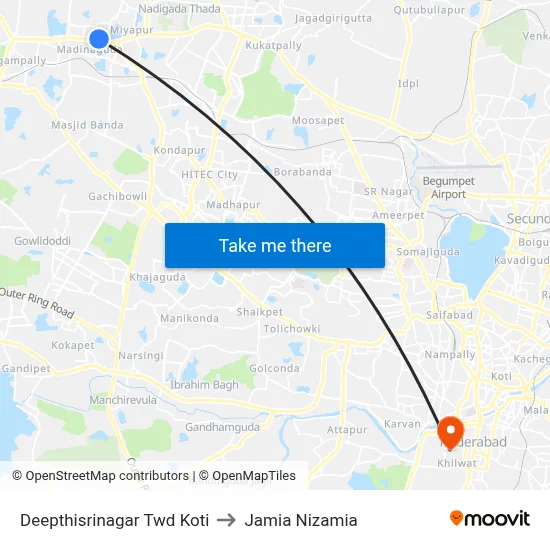 Deepthisrinagar  Twd Koti to Jamia Nizamia map