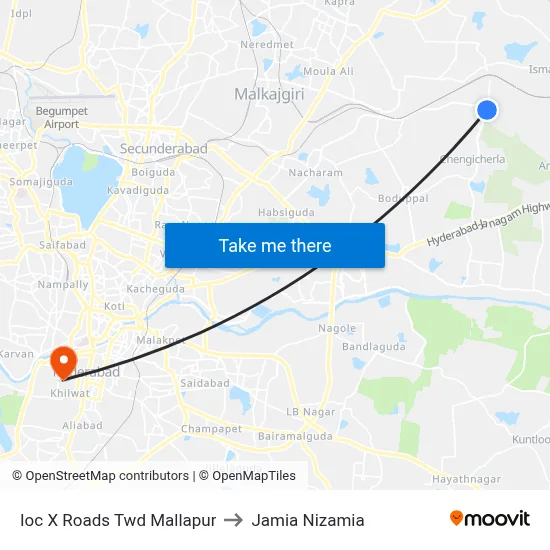Ioc X Roads Twd Mallapur to Jamia Nizamia map