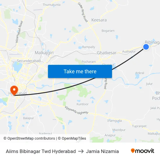Aiims Bibinagar Twd Hyderabad to Jamia Nizamia map