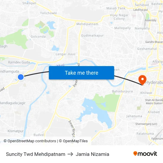 Suncity Twd Mehdipatnam to Jamia Nizamia map