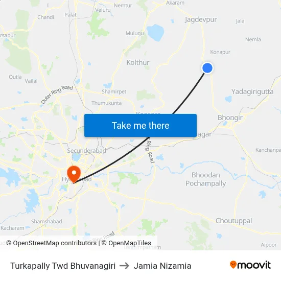 Turkapally Twd Bhuvanagiri to Jamia Nizamia map