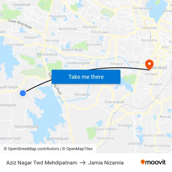 Aziz Nagar Twd Mehdipatnam to Jamia Nizamia map