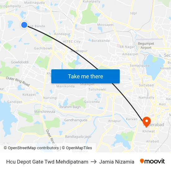 Hcu Depot Gate Twd Mehdipatnam to Jamia Nizamia map