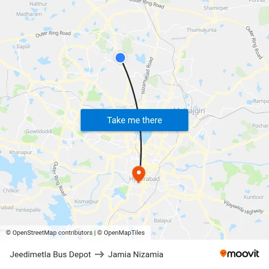Jeedimetla Bus Depot to Jamia Nizamia map