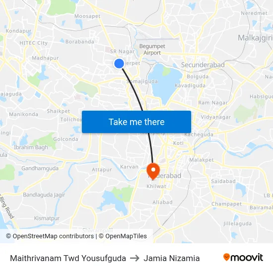 Maithrivanam Twd Yousufguda to Jamia Nizamia map