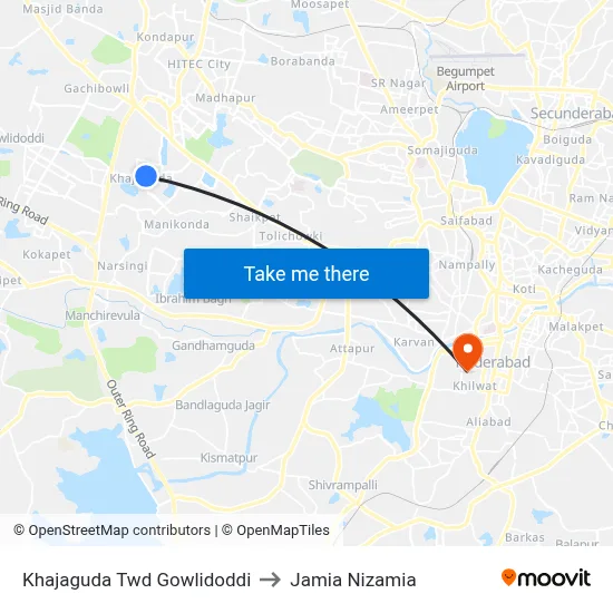 Khajaguda Twd Gowlidoddi to Jamia Nizamia map