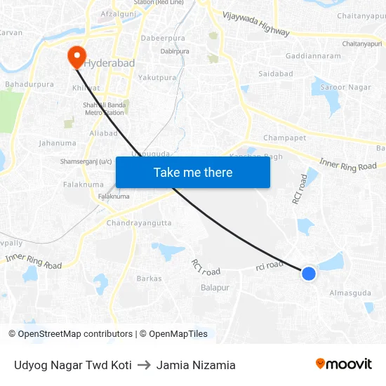 Udyog Nagar Twd Koti to Jamia Nizamia map