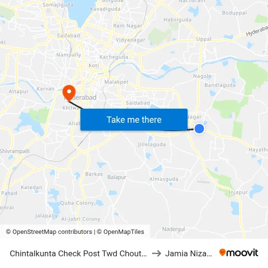 Chintalkunta Check Post Twd Choutuppal to Jamia Nizamia map