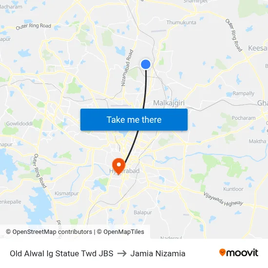 Old Alwal Ig Statue Twd JBS to Jamia Nizamia map