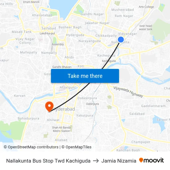 Nallakunta Bus Stop Twd Kachiguda to Jamia Nizamia map