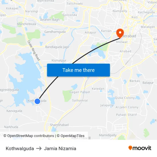 Kothwalguda to Jamia Nizamia map