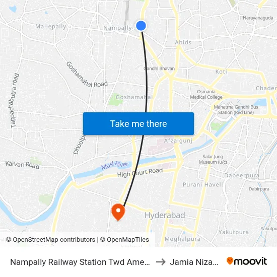 Nampally Railway Station Twd Ameerpet to Jamia Nizamia map