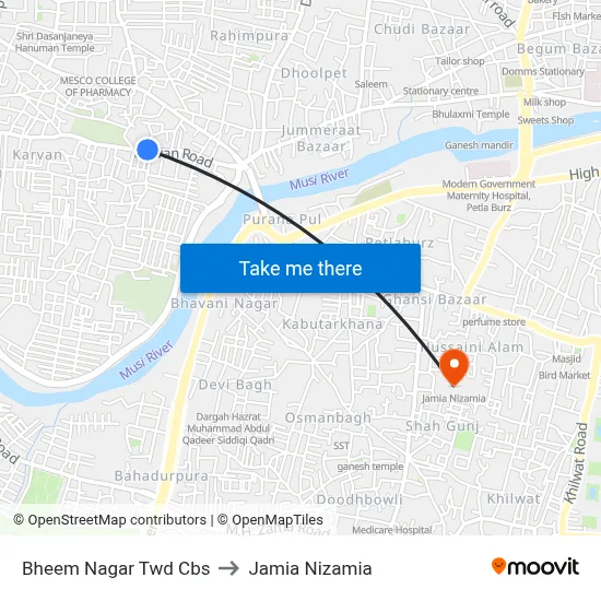 Bheem Nagar Twd Cbs to Jamia Nizamia map