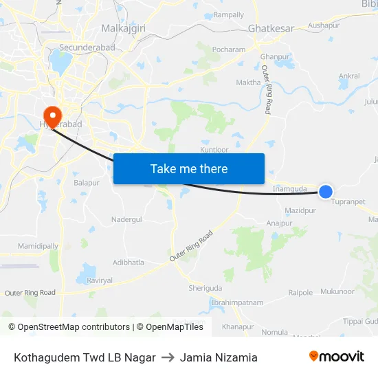 Kothagudem Twd LB Nagar to Jamia Nizamia map