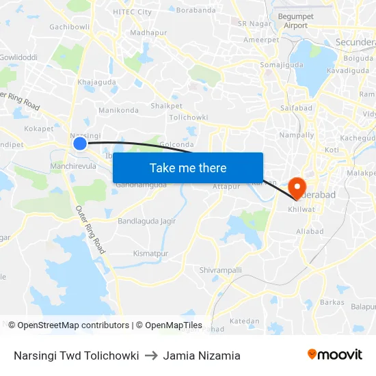 Narsingi Twd Tolichowki to Jamia Nizamia map