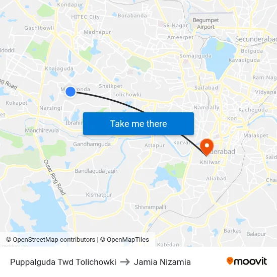 Puppalguda Twd Tolichowki to Jamia Nizamia map