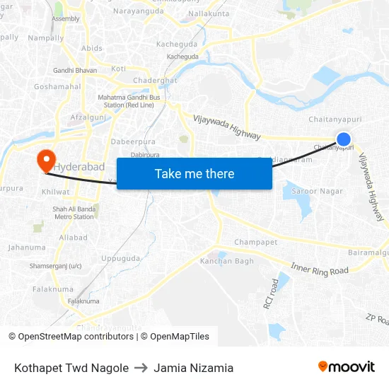 Kothapet Twd Nagole to Jamia Nizamia map