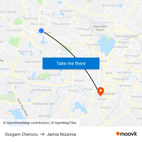Durgam Cheruvu to Jamia Nizamia map