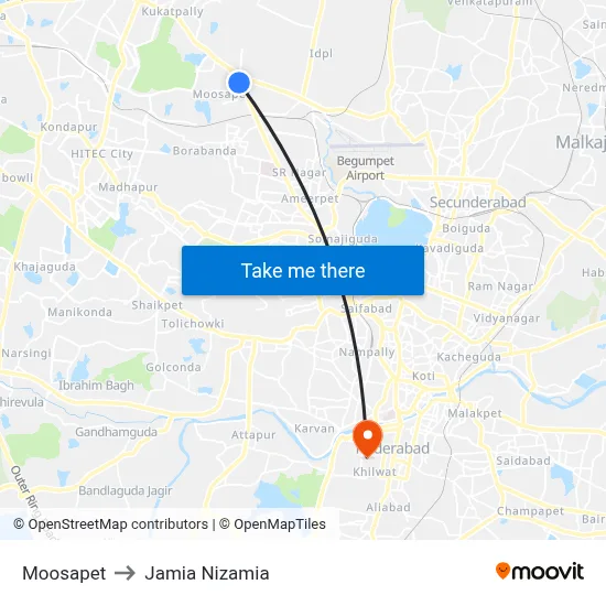 Moosapet to Jamia Nizamia map
